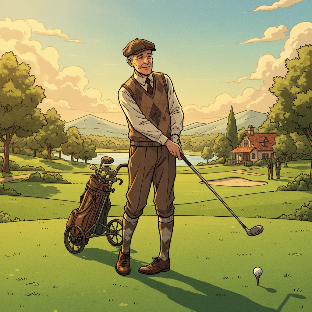 An elderly Rockefeller playing golf on a manicured course in the Florida sunshine