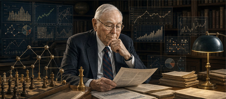 Charlie Munger calmly evaluating a complex investment through disciplined judgment
