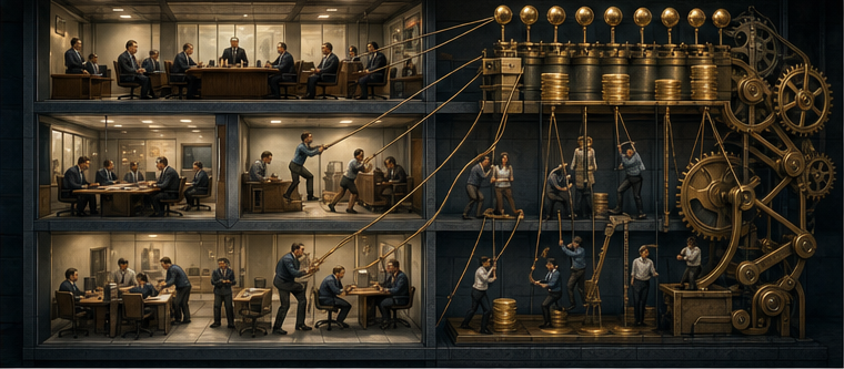 Organizational incentives directing behavior through an intricate corporate machine