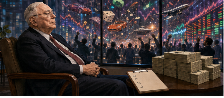 Charlie Munger sitting patiently with cash while markets offer distractions
