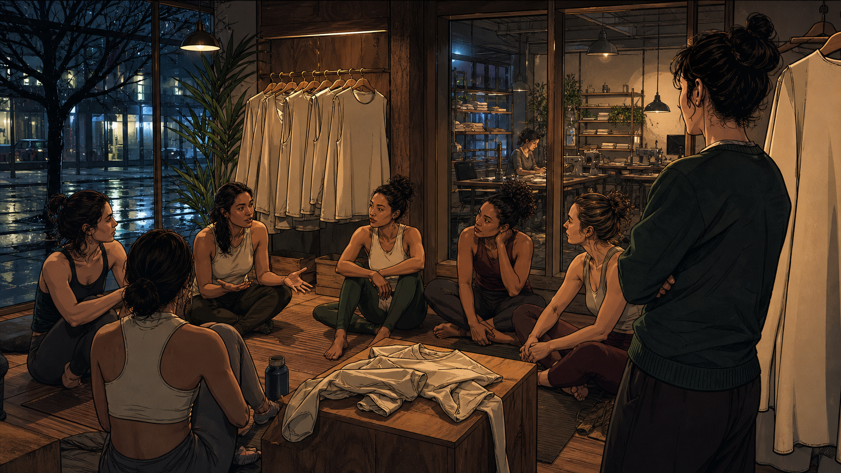Yoga instructors and customers exchanging product feedback in a warm apparel studio