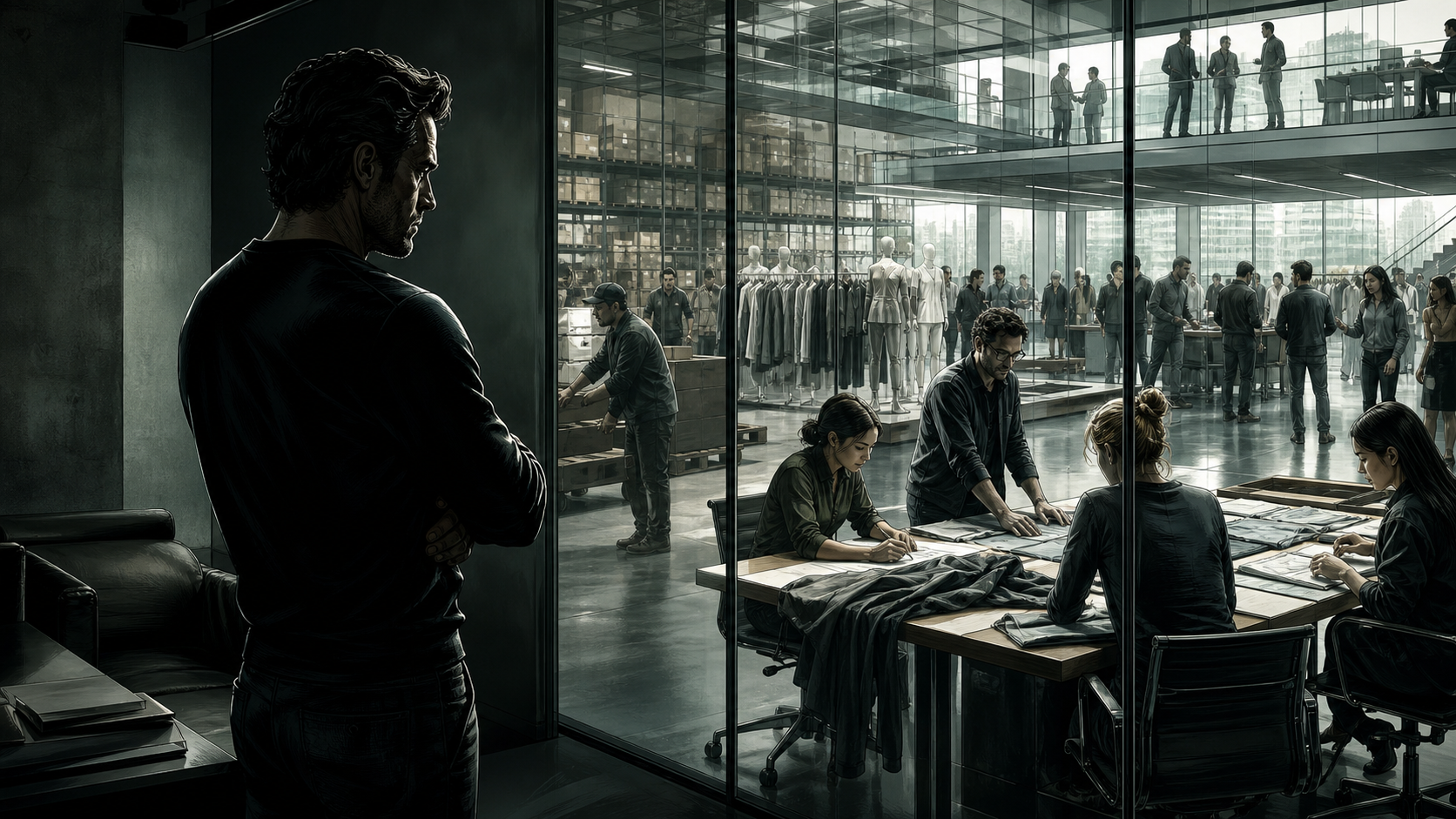 Founder separated by glass from the apparel organization that grew beyond him