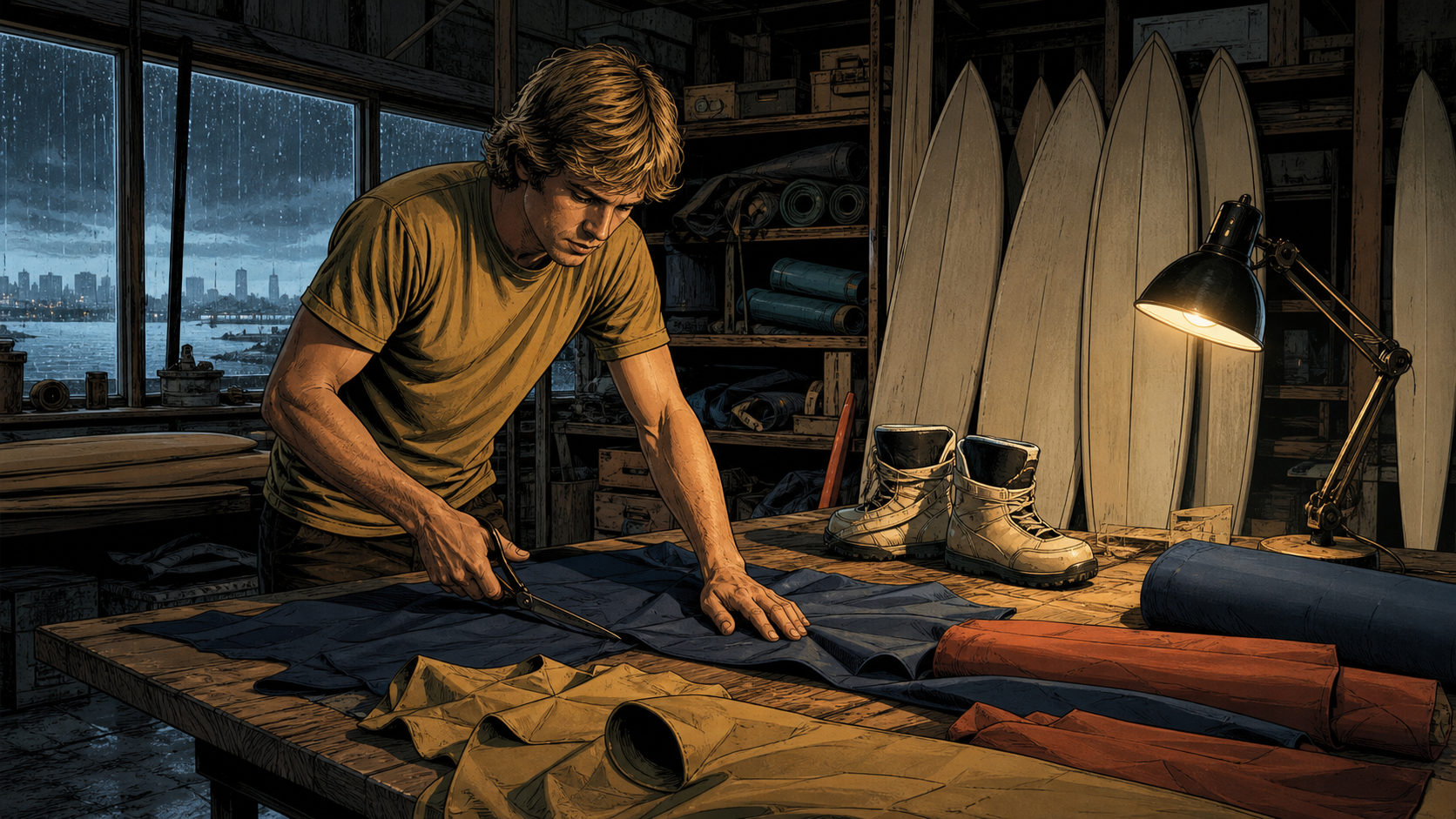 Young technical apparel entrepreneur cutting fabric in a rainy workshop