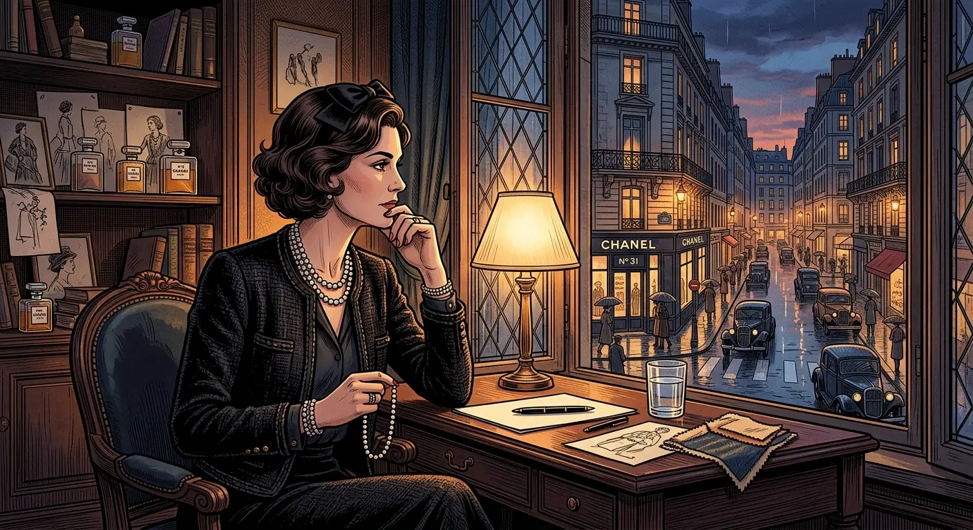 Coco Chanel, looking pensive and solitary, perhaps gazing out a window, dressed elegantly but simply