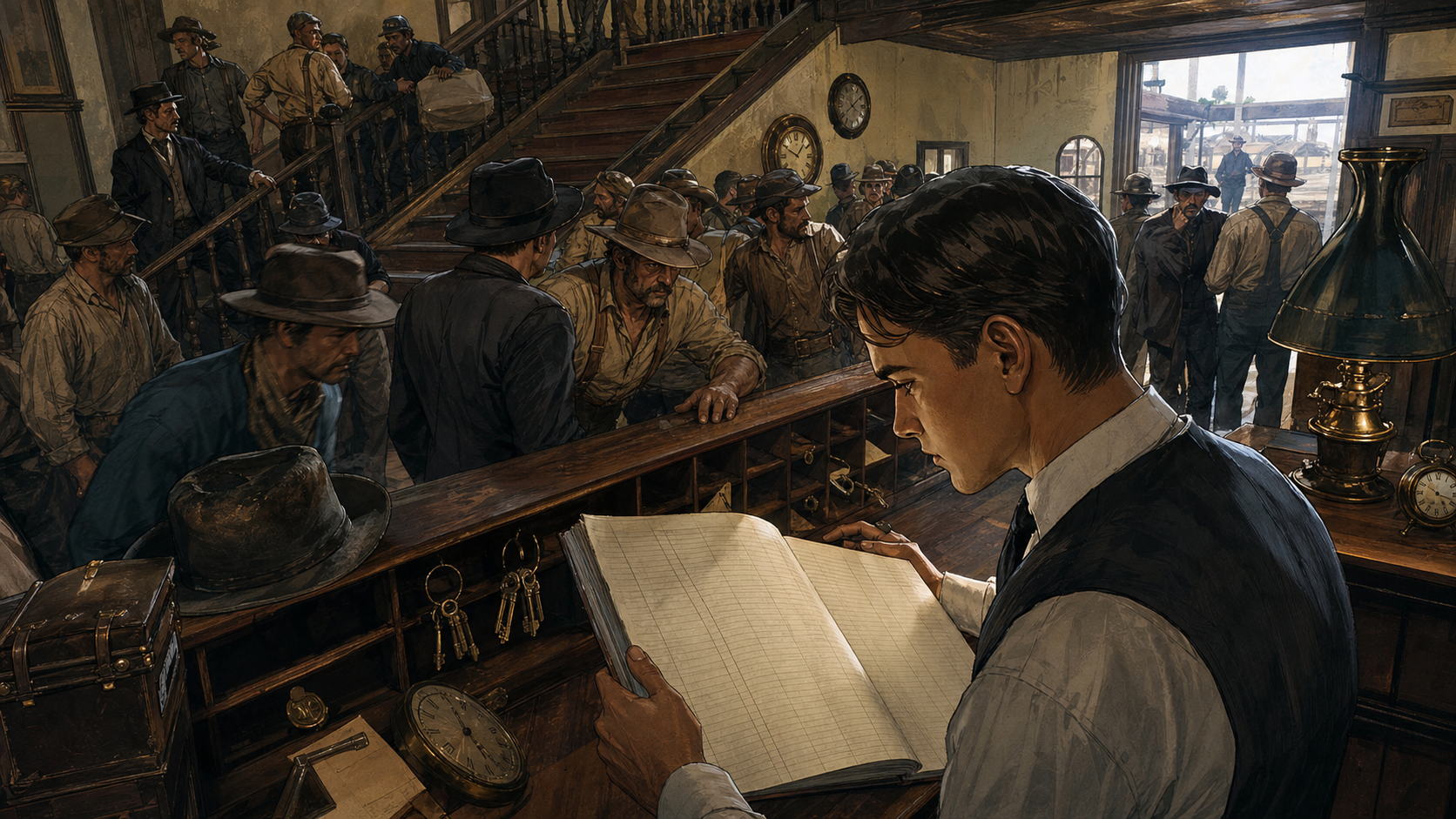 Conrad Hilton studying a crowded Texas hotel lobby and handwritten room ledger during the 1919 oil boom