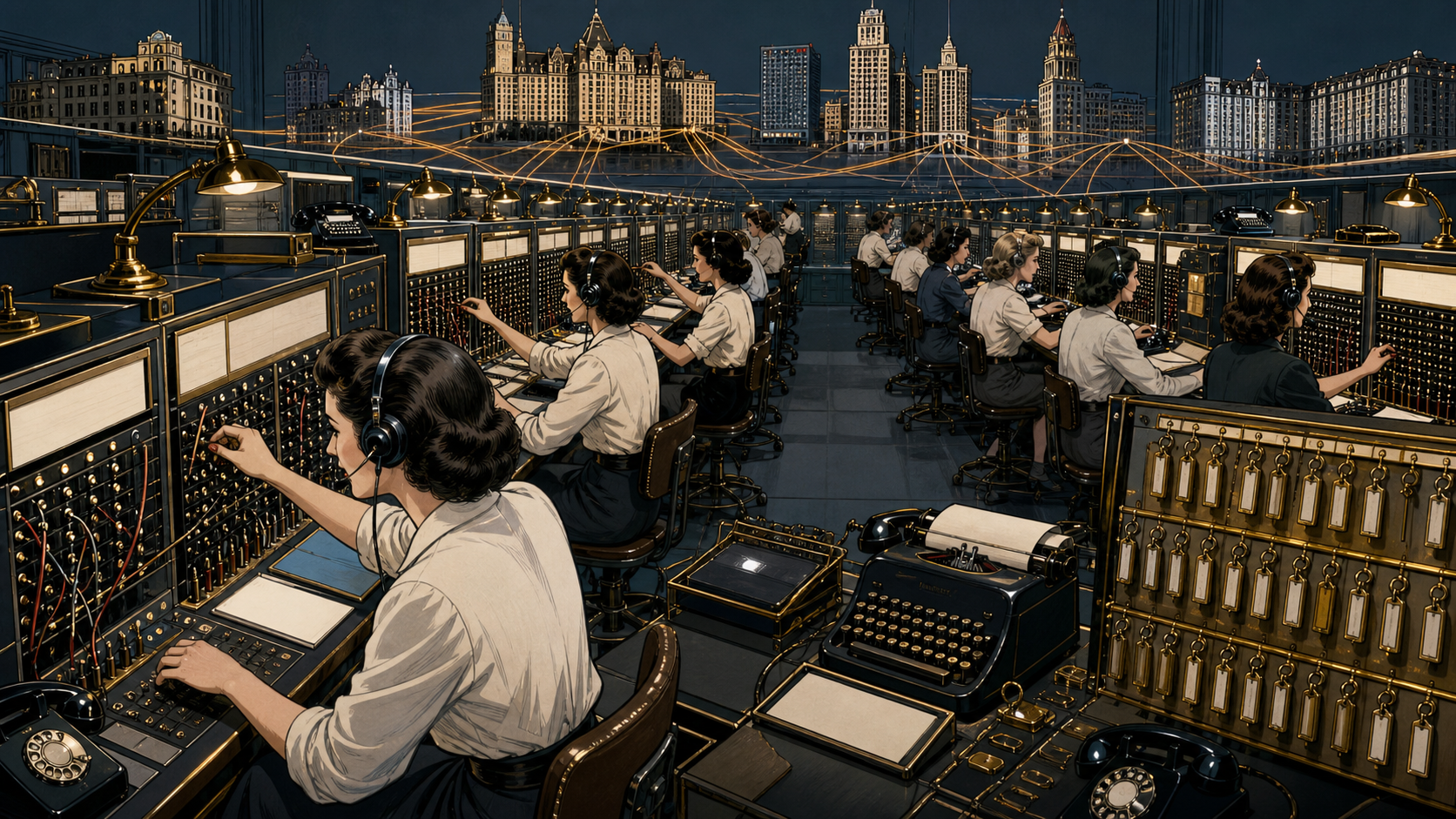 A mid-century Hilton reservations center linking telephones, room boards, and landmark hotels across American cities