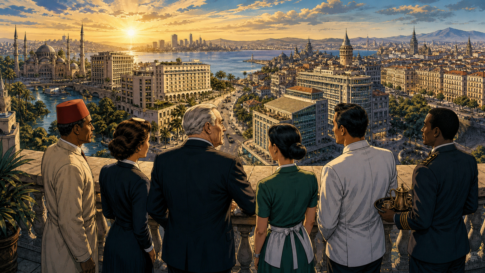 Conrad Hilton overlooking a postwar map as modern hotels rise in different world capitals with locally distinct architecture