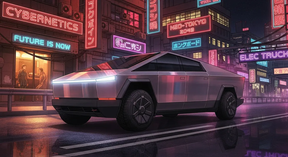 The Tesla Cybertruck — angular stainless steel pickup driving through a neon-lit city