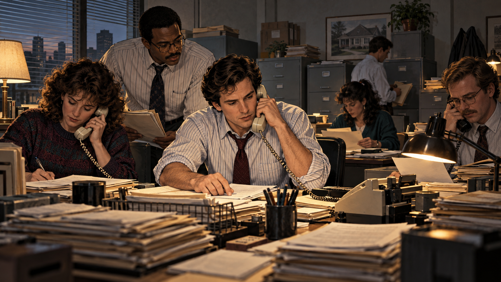 A young Dan Gilbert and a small mortgage team working phones and paper applications in a modest 1980s office