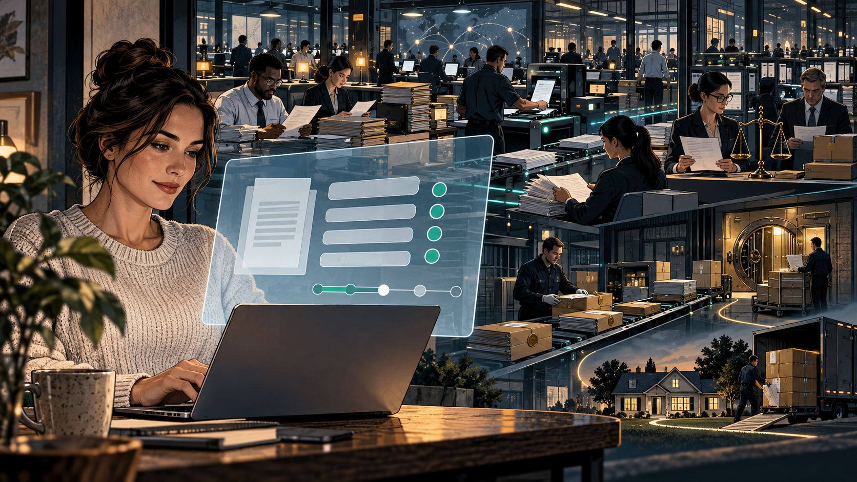 A consumer using a streamlined digital mortgage application while an operations center validates documents behind the interface
