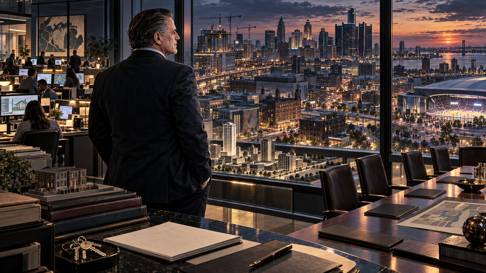 Dan Gilbert overlooking a connected city-and-finance network, with mortgage operations on one side and Detroit's skyline on the other