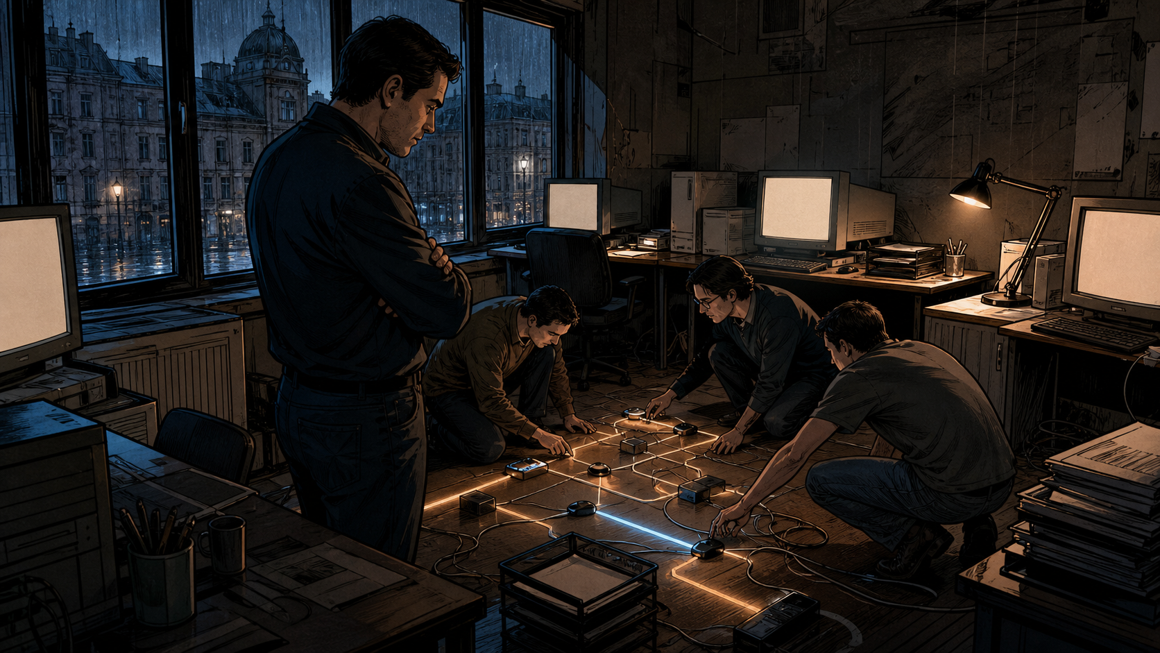 Daniel Dines in a modest Bucharest software office watching engineers map repetitive desktop tasks across glowing monitors