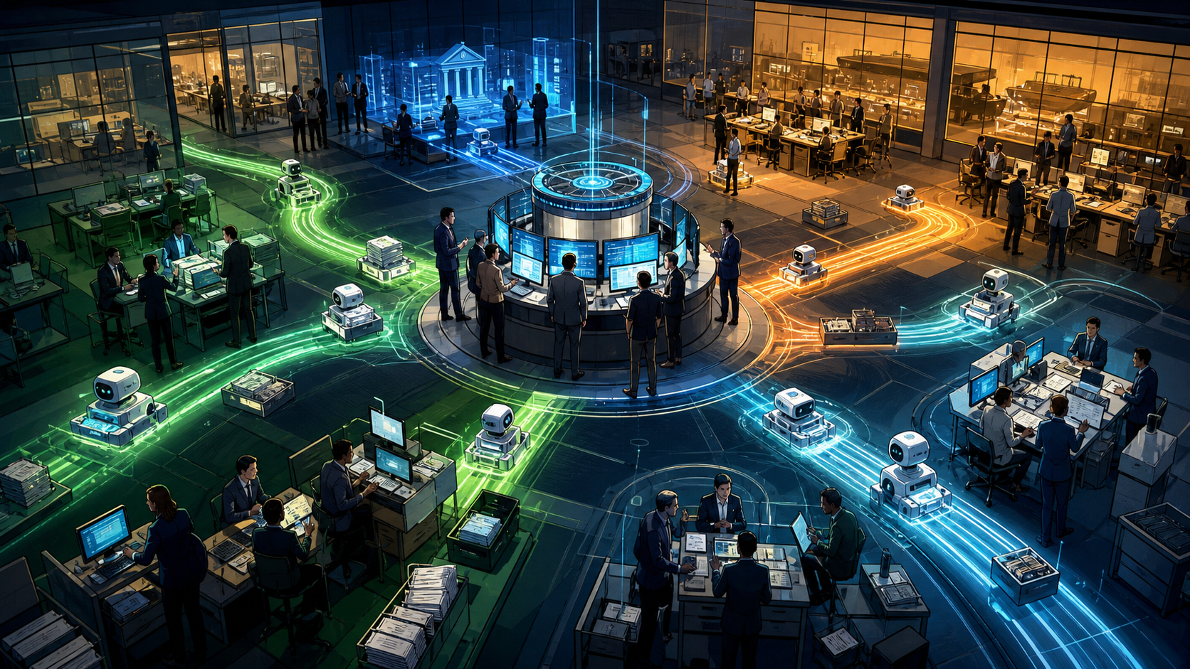 A vast enterprise operations floor where consultants deploy software robots across banking insurance and logistics workflows