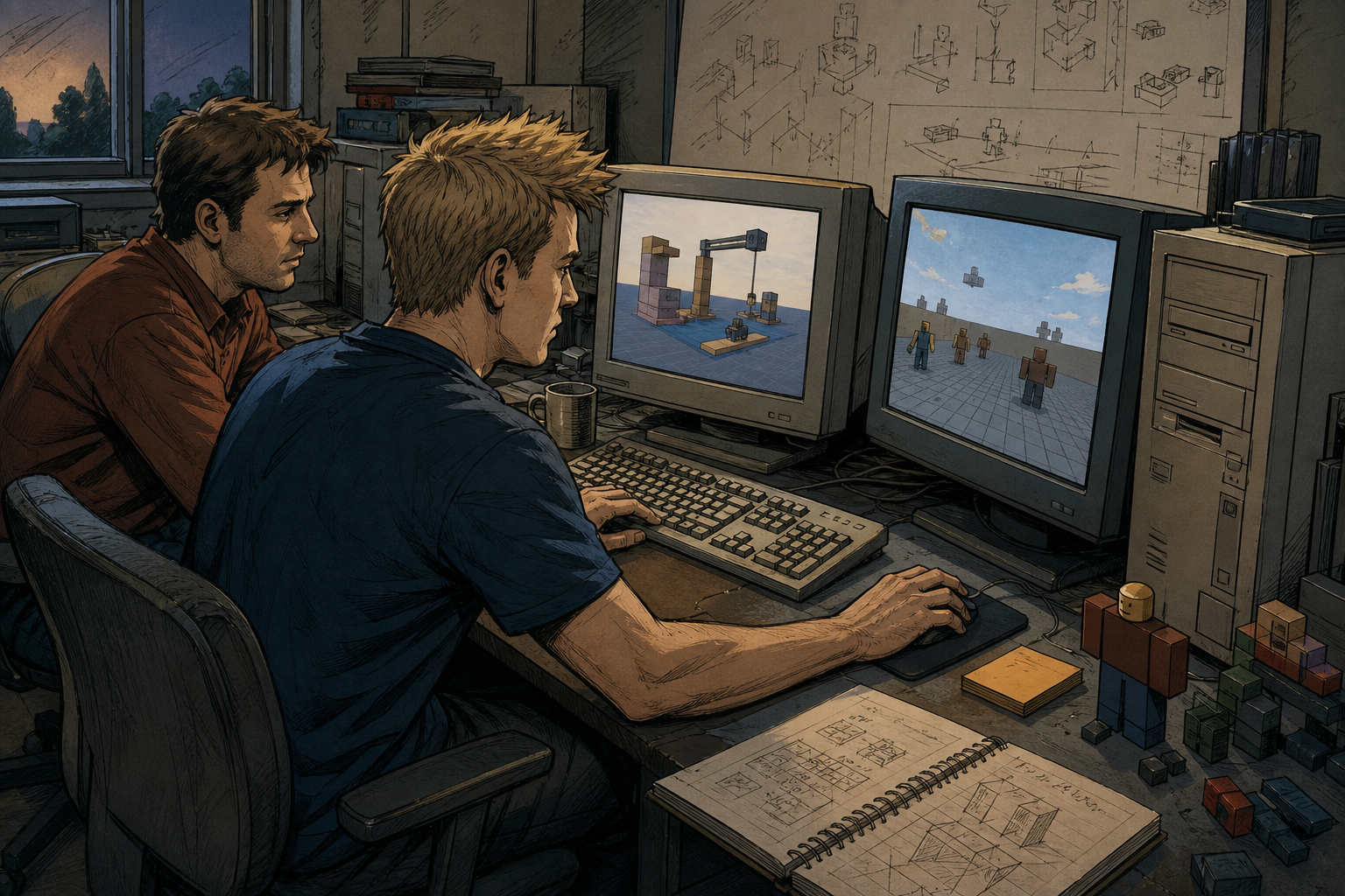 David Baszucki in an early engineering studio watching blocklike physics experiments evolve across computer screens