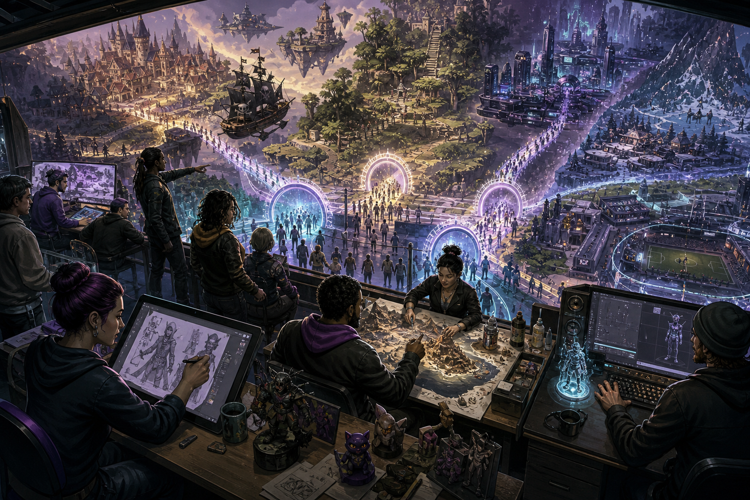 A vast digital workshop where young creators build distinct worlds while streams of players flow through discovery portals