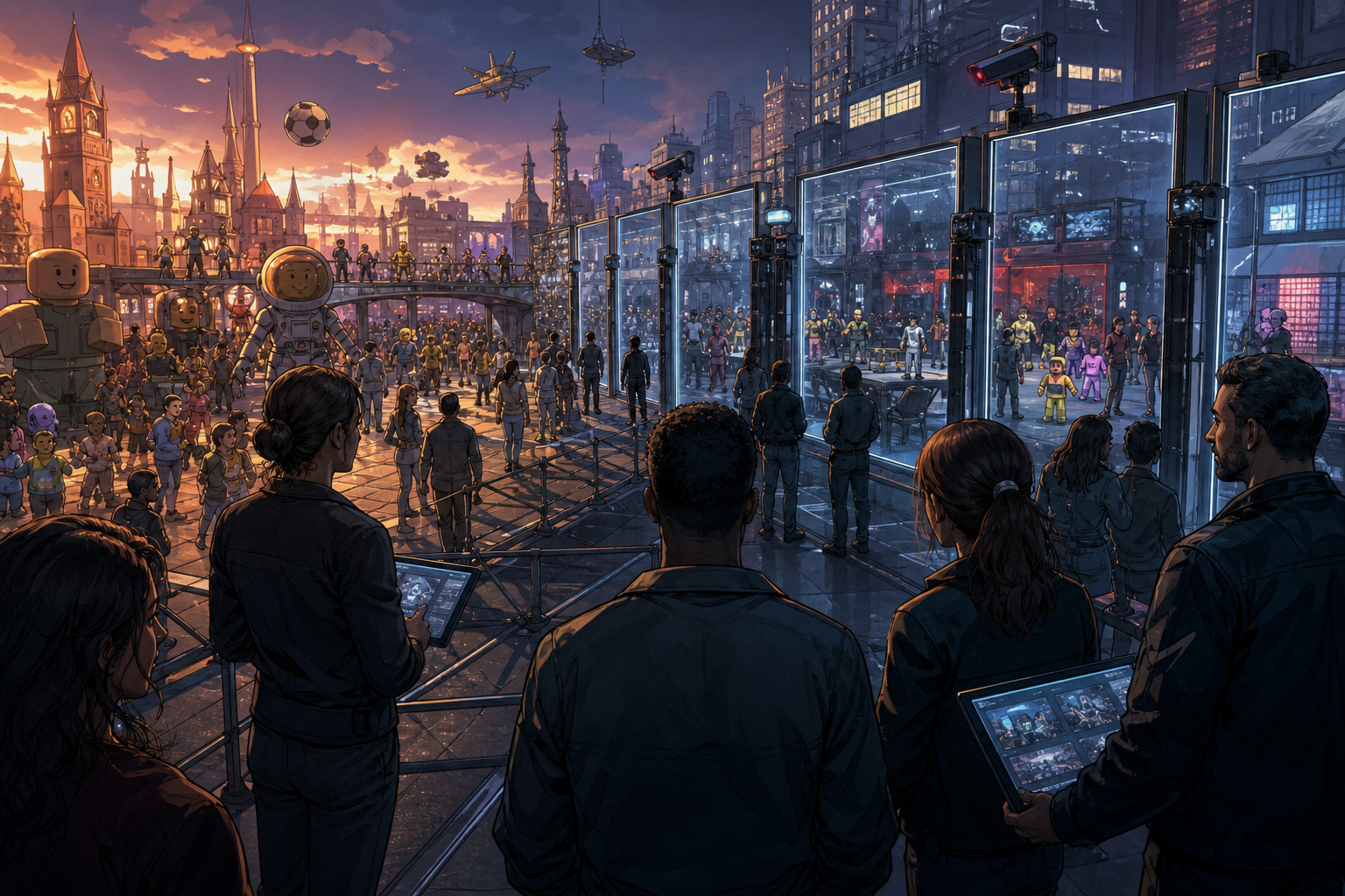 A crowded Roblox city where joyful play and creator commerce meet guarded gates representing moderation privacy and trust