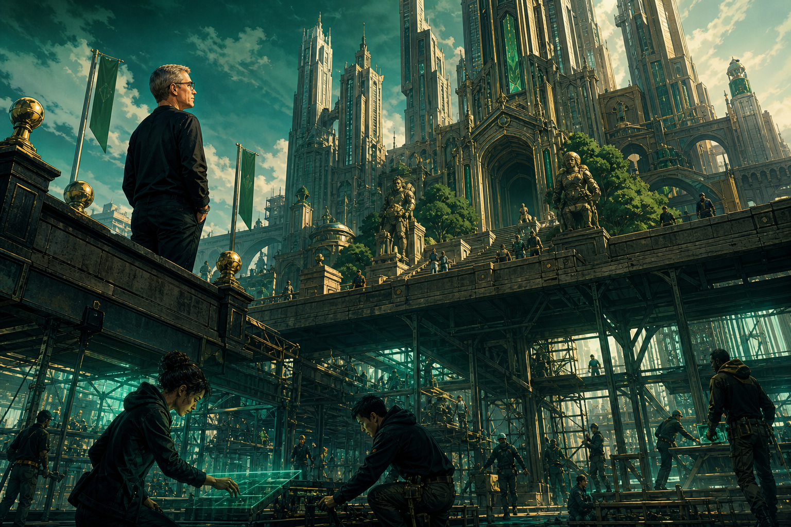 David Baszucki overlooking a creator-built virtual metropolis whose foundations are code safety systems and shared economic rules