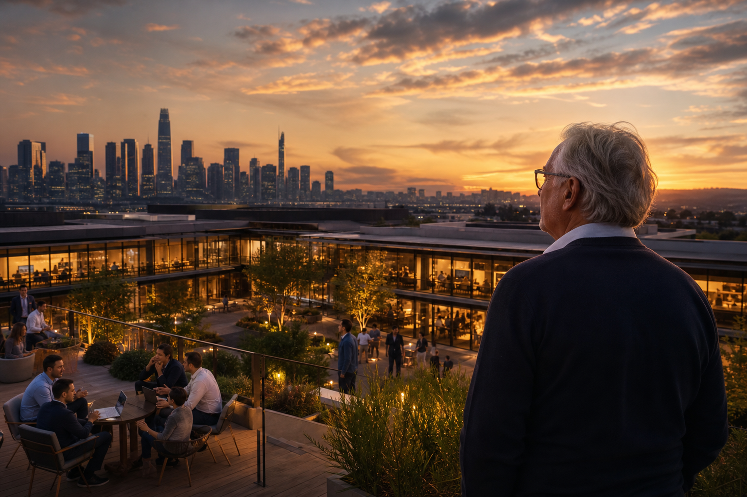 David Duffield and a new generation of Workday employees overlooking a modern enterprise technology campus
