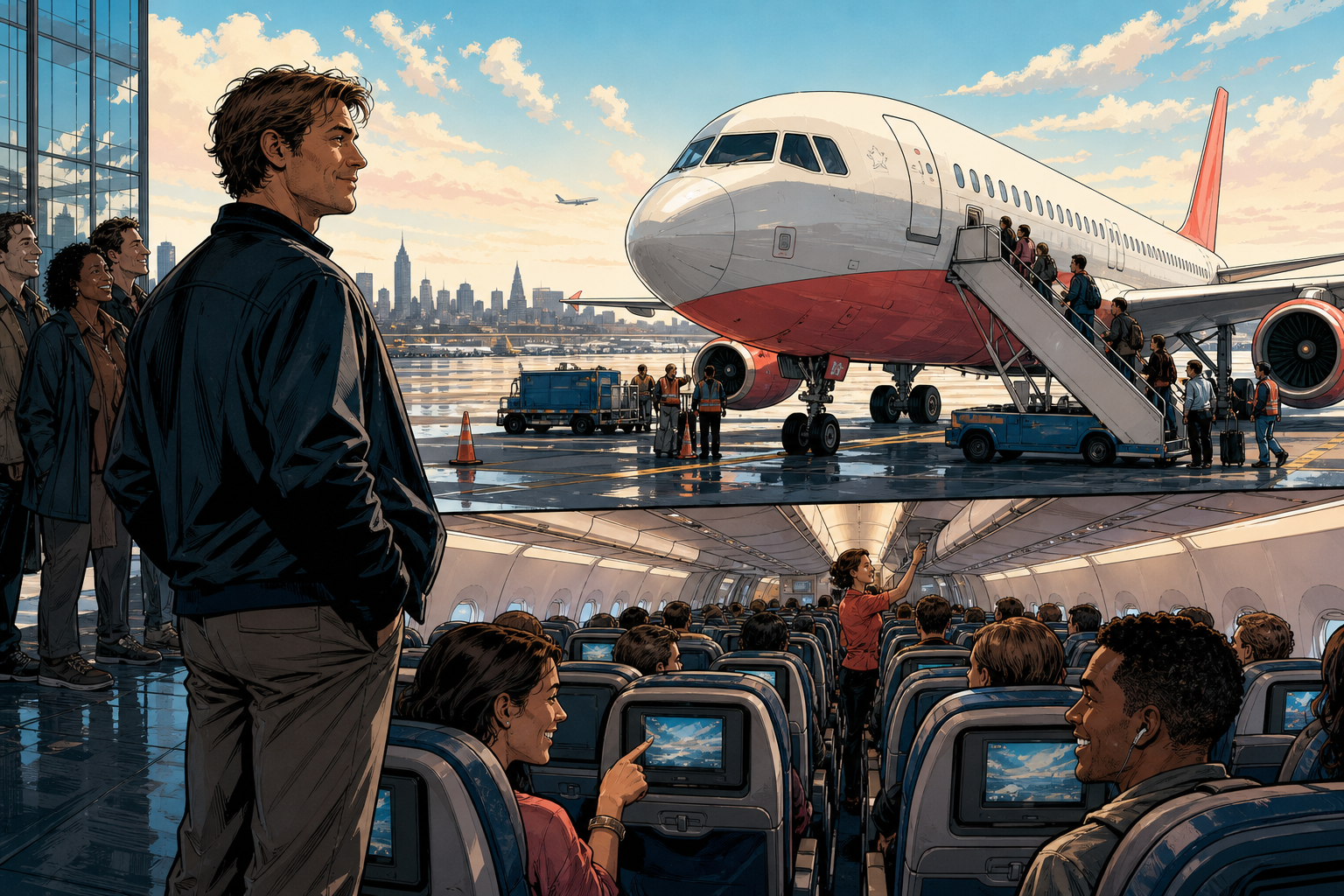 David Neeleman observing an early low-cost airline launch and a passenger-friendly cabin