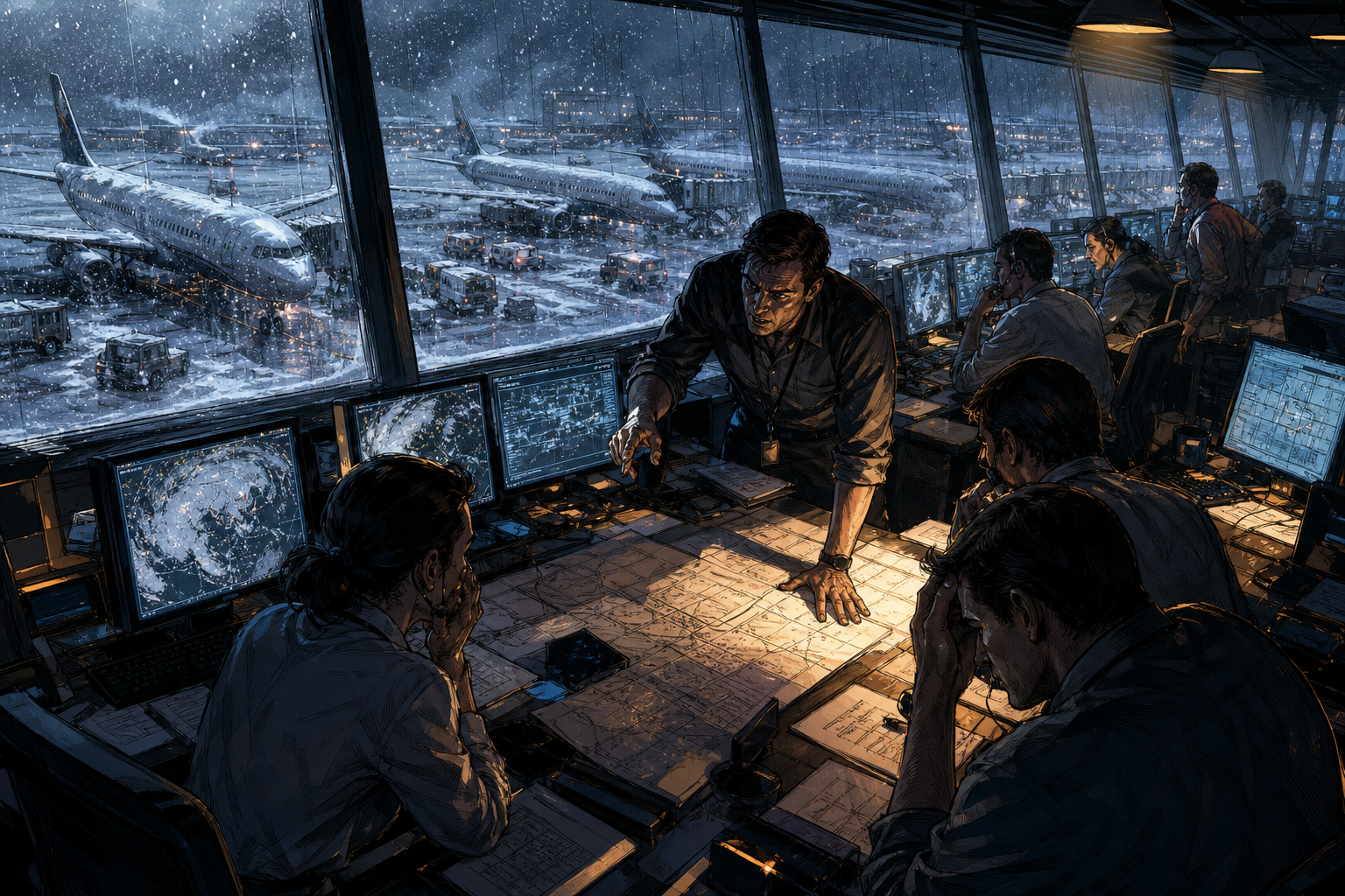 Airline operations teams confronting an icy airport disruption and cascading cancellations