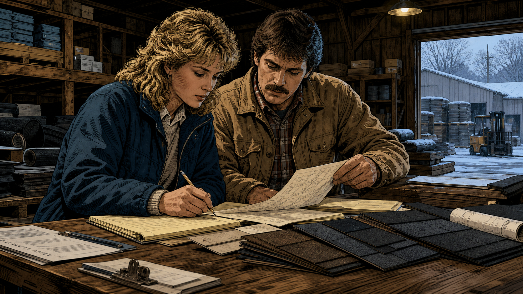Diane and Ken Hendricks studying roofing inventory and contractor routes inside an early Wisconsin supply warehouse