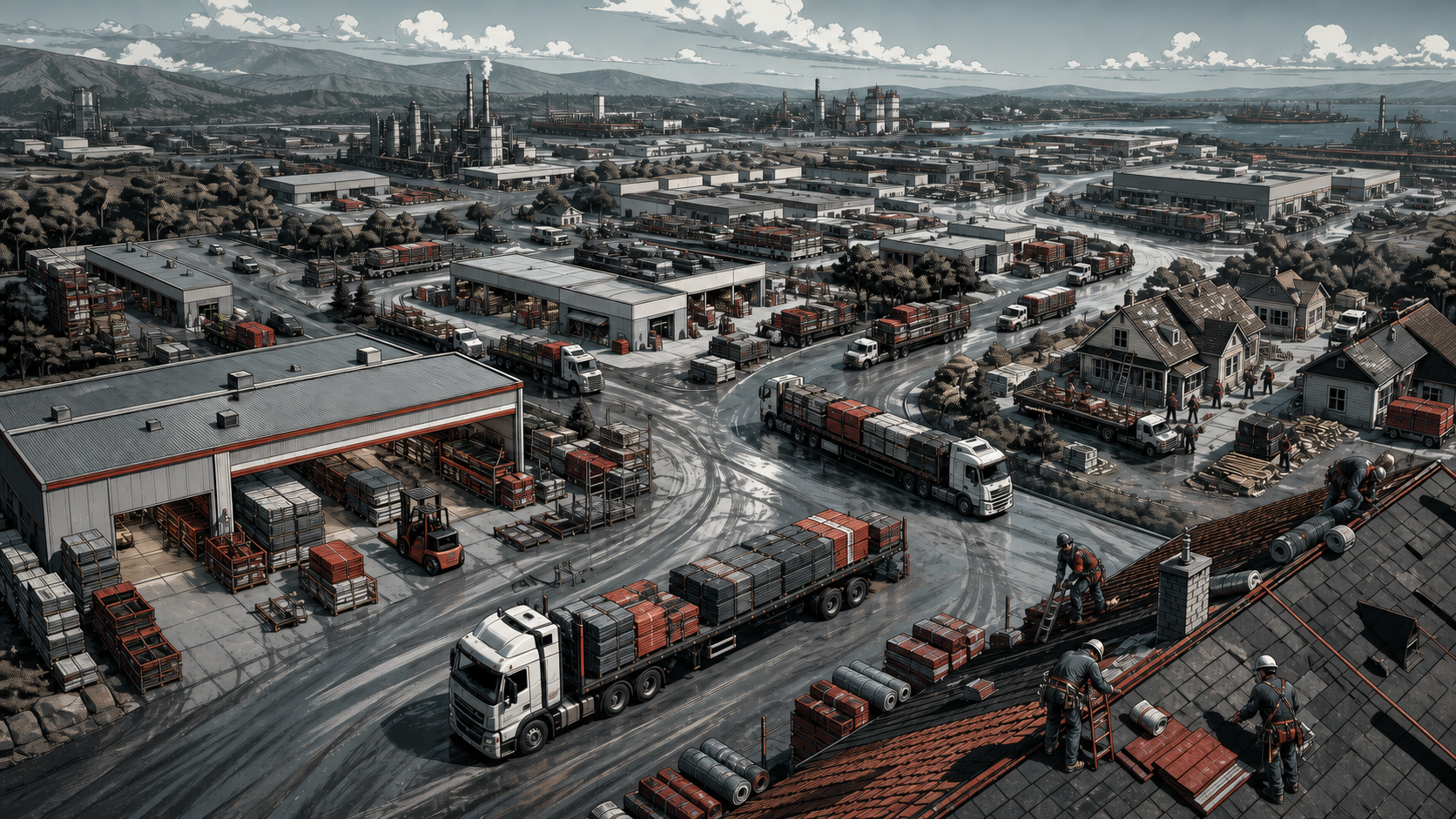 A national map of local ABC Supply branches connecting warehouses, delivery trucks, manufacturers, and independent contractors