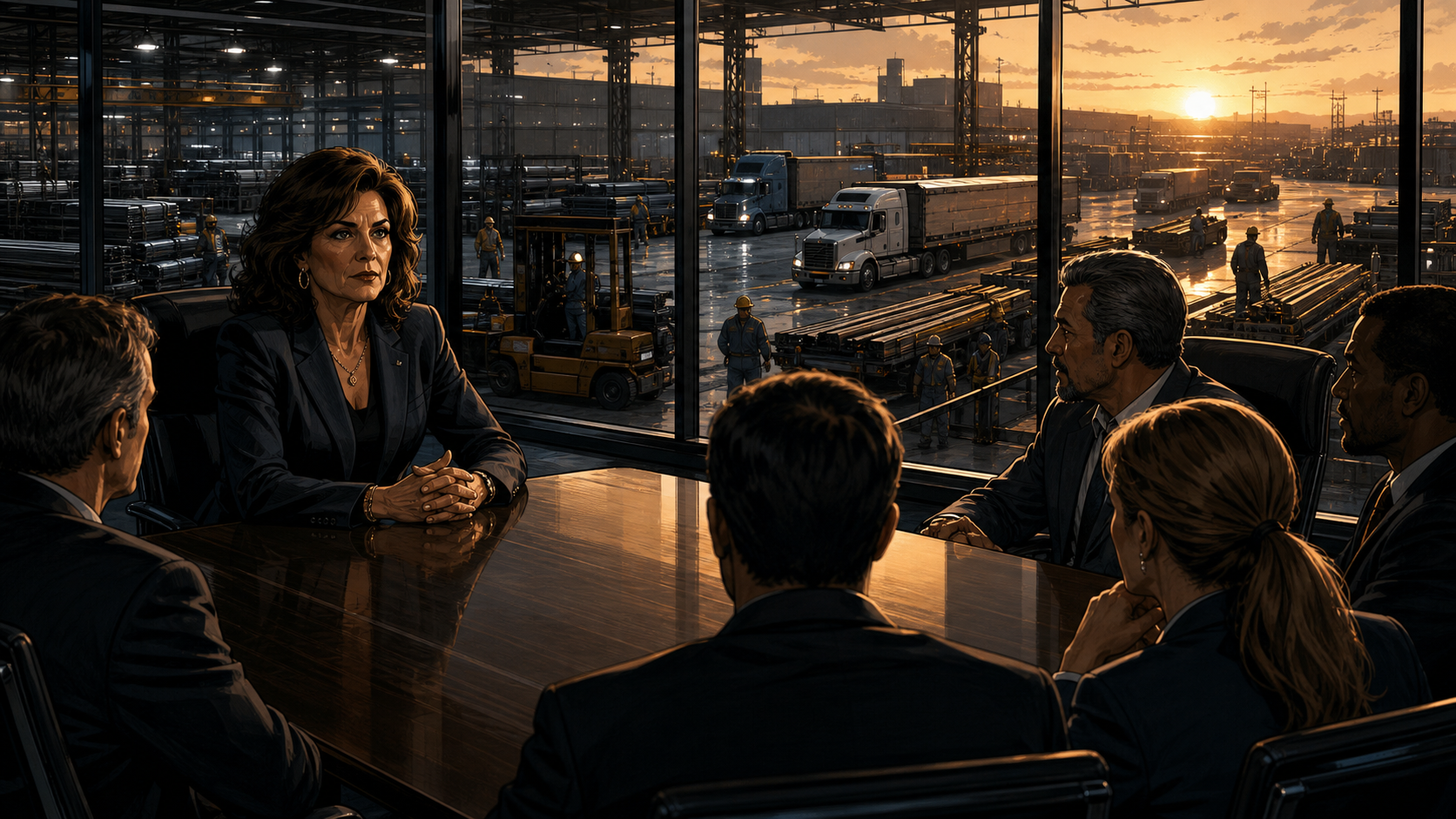 Diane Hendricks leading an ABC Supply strategy meeting after loss as branch teams and delivery crews continue operating nationwide