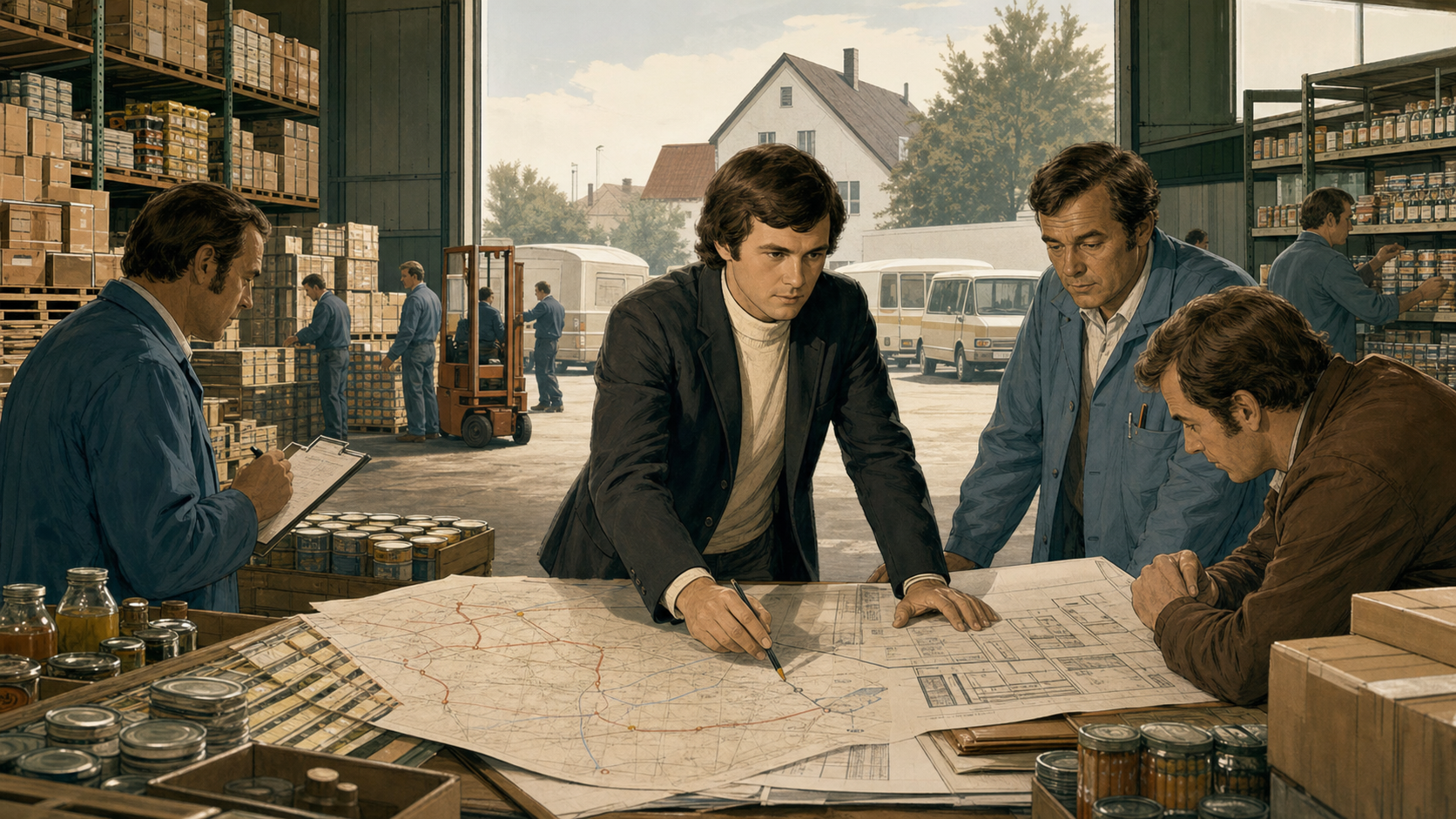 Young Dieter Schwarz inside a modest German grocery warehouse, studying crates, delivery routes, and the first outline of a discount network