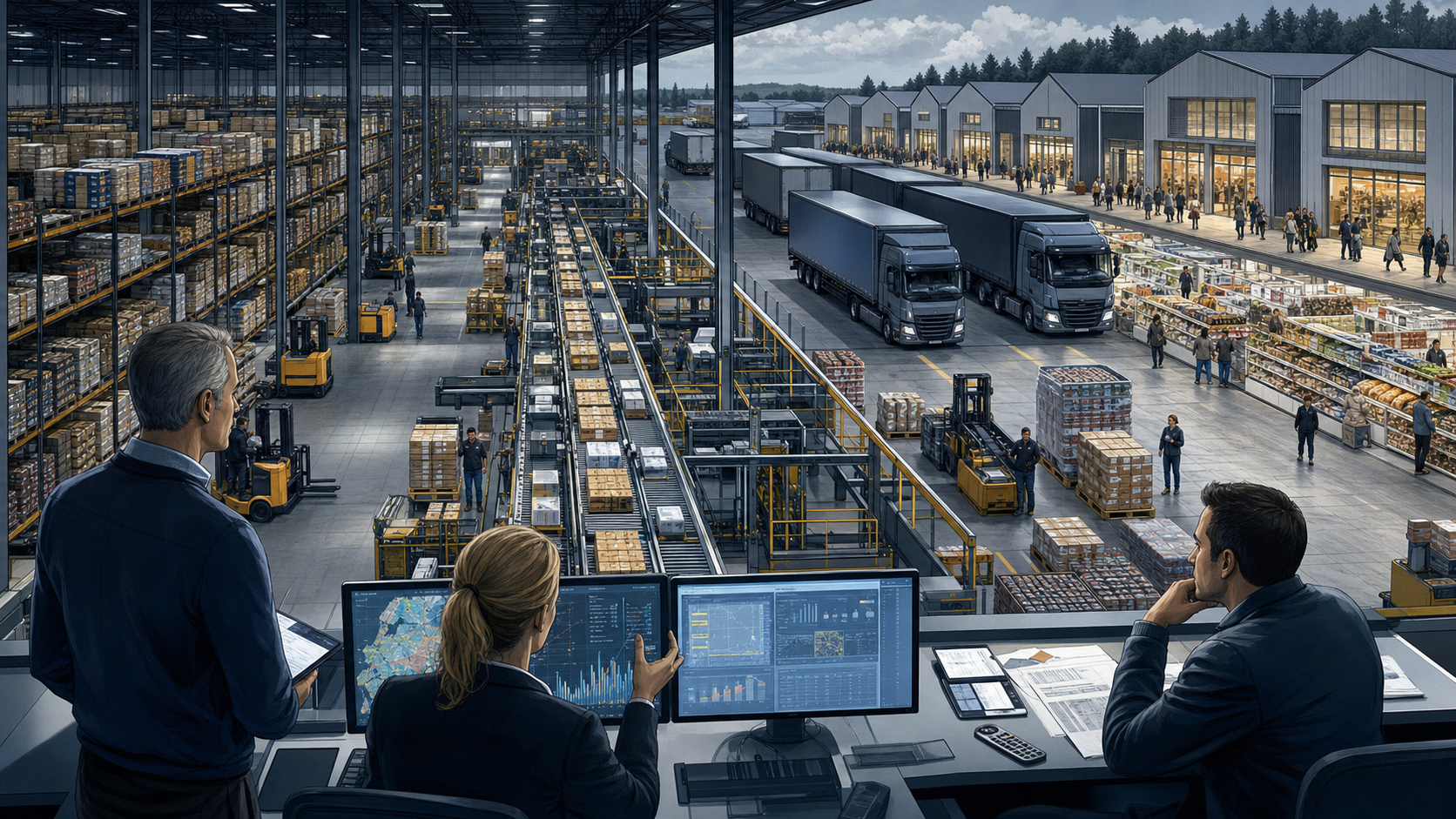 A precise discount retail distribution center feeding standardized stores across Europe with synchronized trucks, pallets, and inventory flows