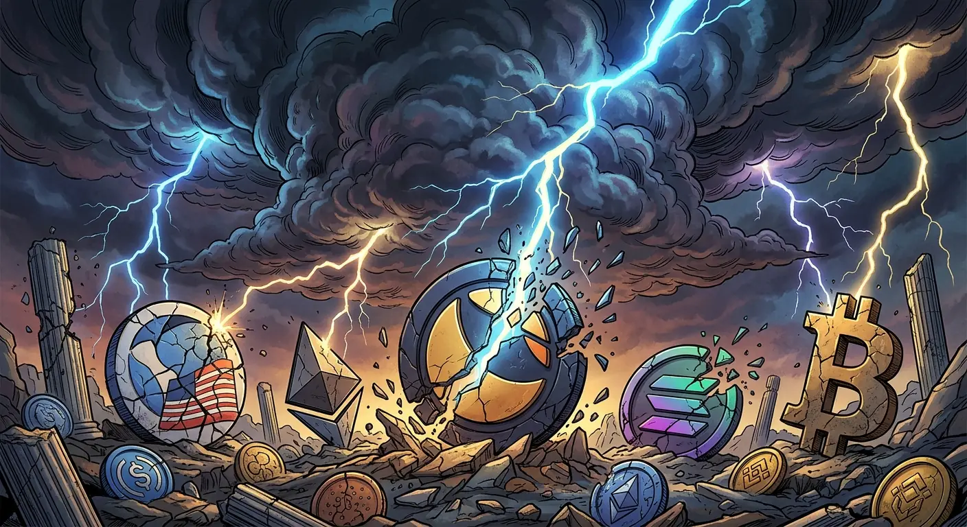 A massive, dark storm cloud with lightning bolts striking down onto a landscape of various crypto logos, some shattering, others looking distressed.
