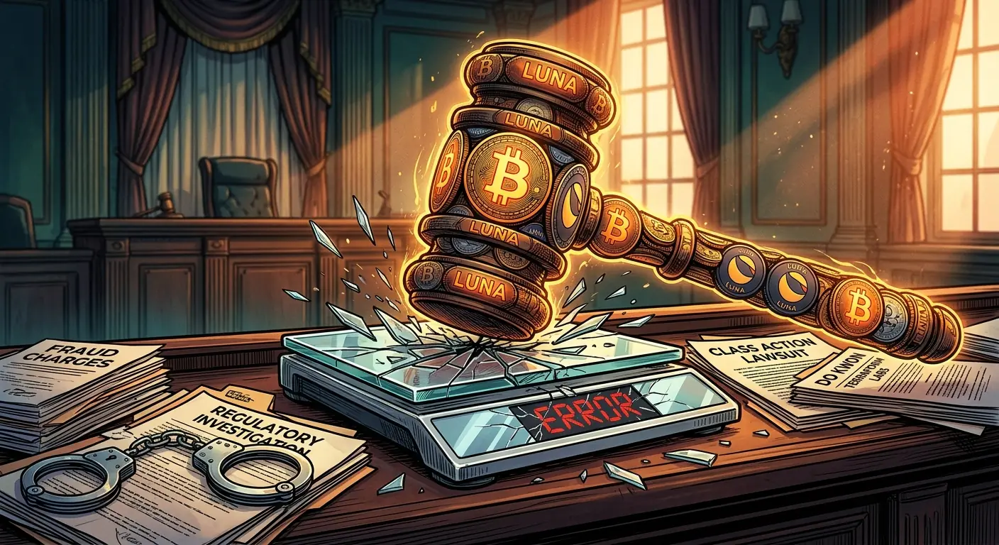 A gavel made of Bitcoin and LUNA tokens shattering a digital scale, with court documents and handcuffs scattered around, symbolizing ongoing legal battles.