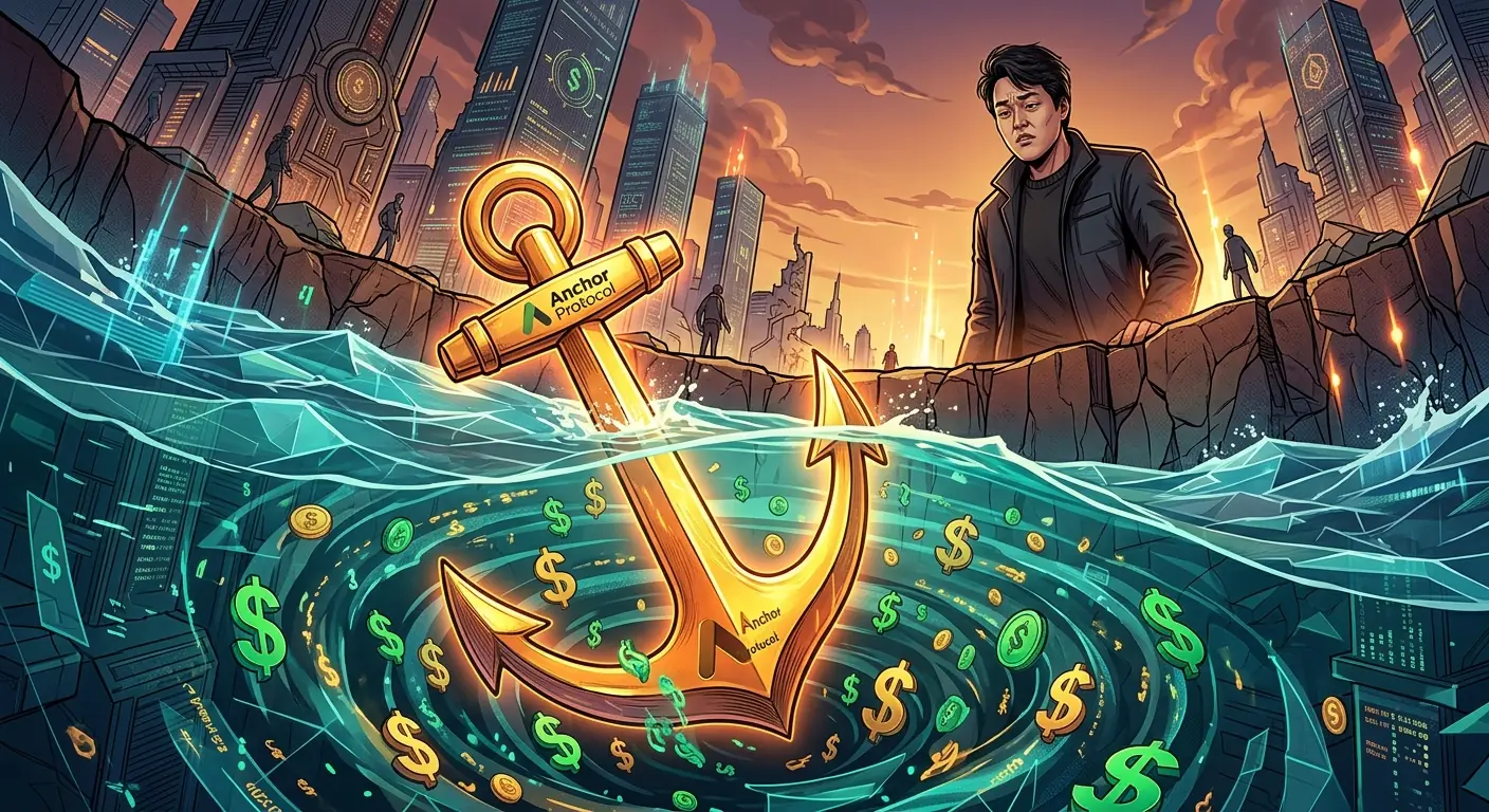 A stylized image of a golden anchor sinking into a digital ocean with dollar signs swirling around it, representing the Anchor Protocol's yield.