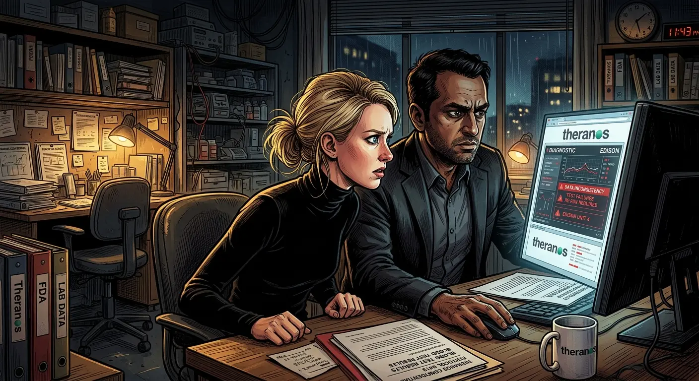 Elizabeth Holmes and Sunny Balwani in a dimly lit office, looking intensely at a computer screen, a palpable tension between them