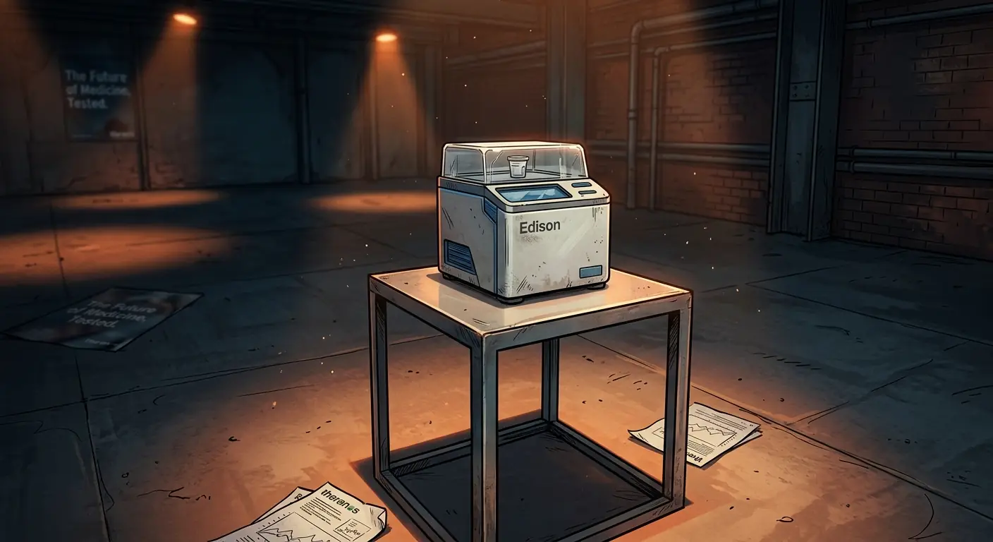 A lone, sterile-looking Edison device sits on a pedestal in a dark, empty room, highlighting the failed promise of the technology