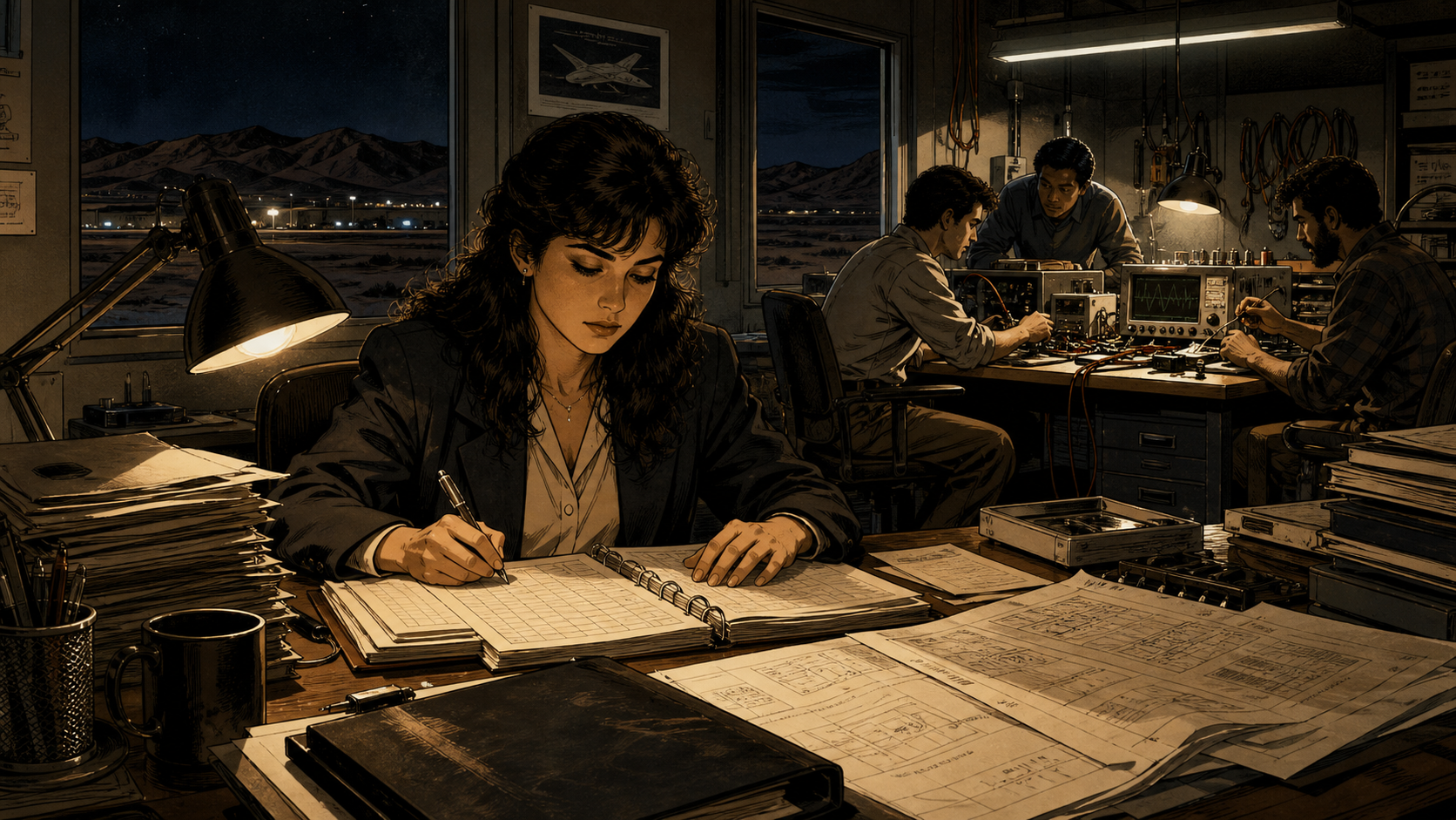 Young Eren Özmen works late in a modest Nevada aerospace office while engineering drawings and contract ledgers cover the room