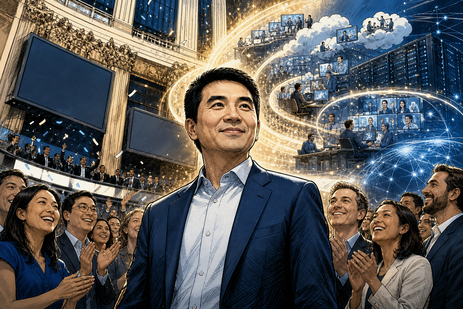 Eric Yuan at Zoom's public-market debut while a disciplined SaaS engine of subscriptions, hosts, and guests expands behind him