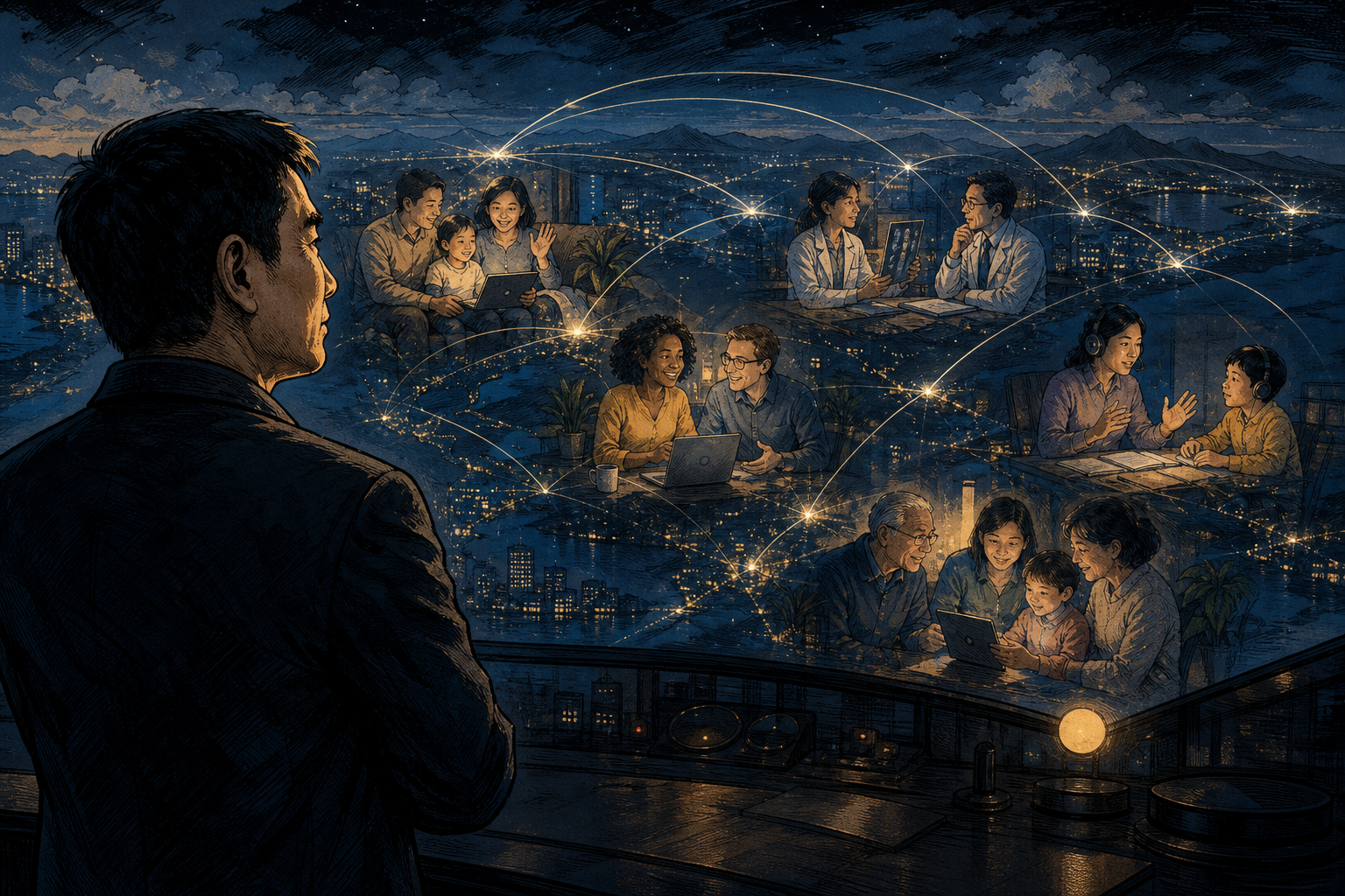 Eric Yuan overlooking a communications platform where the technology recedes and human conversation becomes the visible product