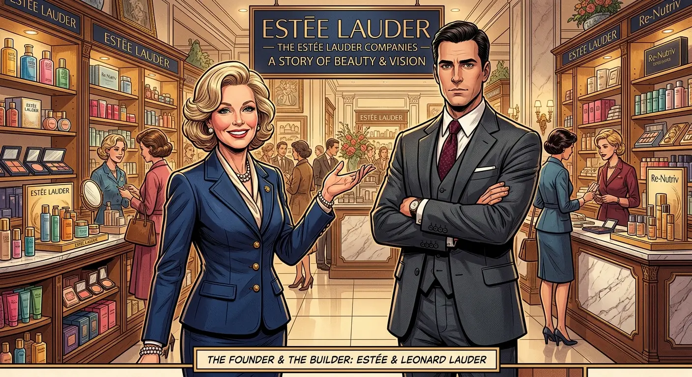 Leonard Lauder, a serious-looking businessman, standing next to a smiling Estée Lauder