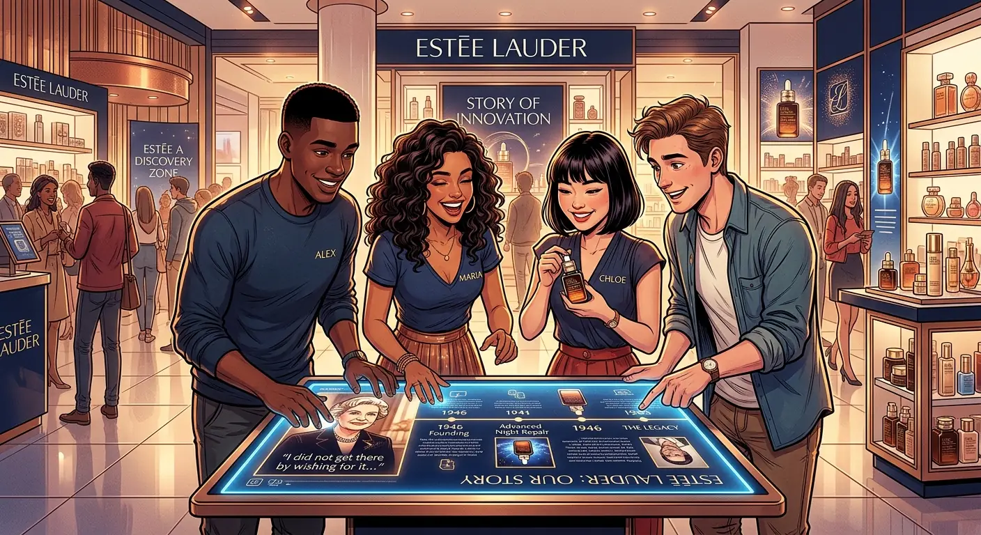 A modern, diverse group of young people interacting with Estée Lauder products on a digital screen