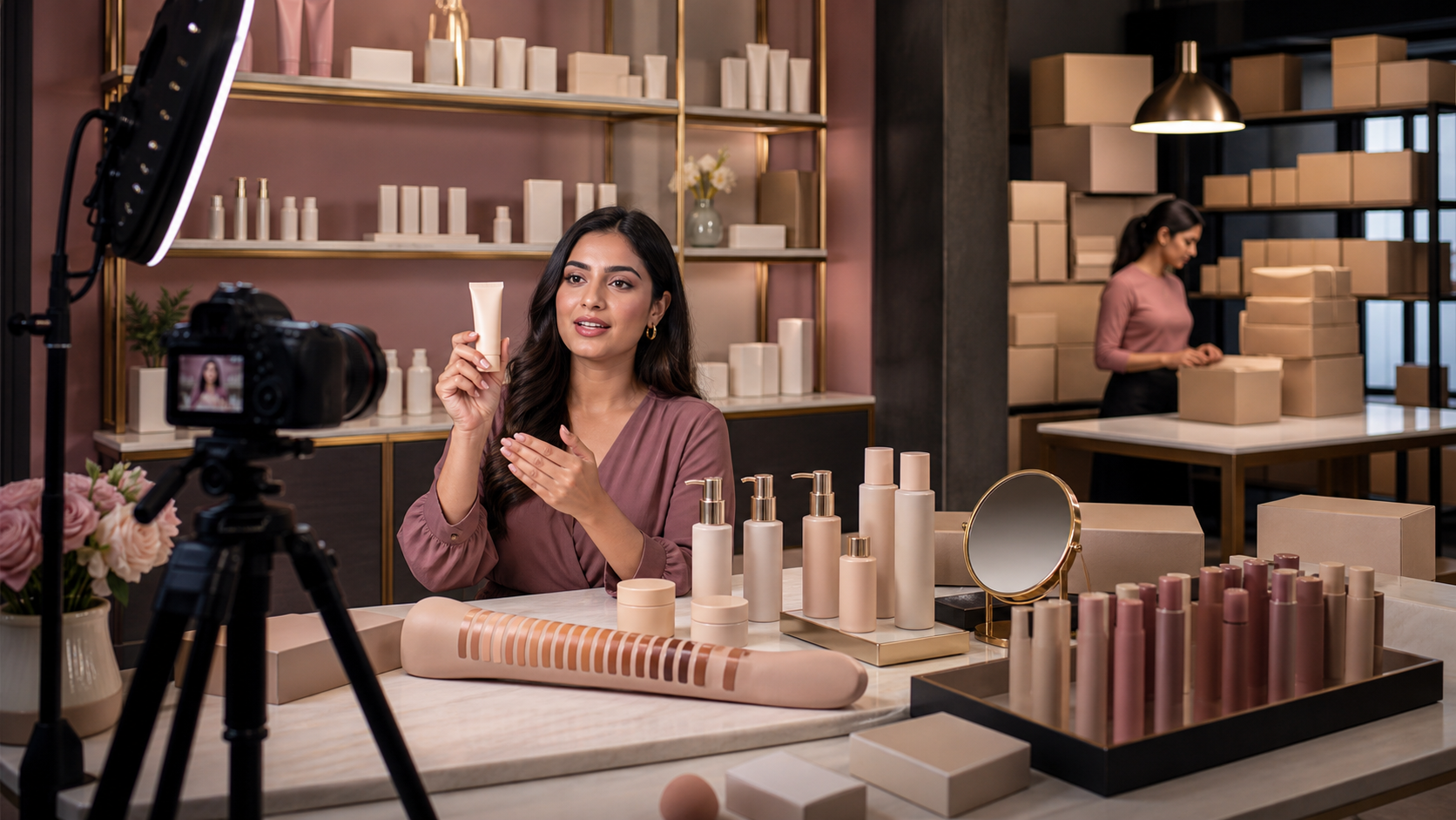 A Nykaa beauty studio combining authentic product shelves, tutorial content, shade guidance, and an organized fulfillment network