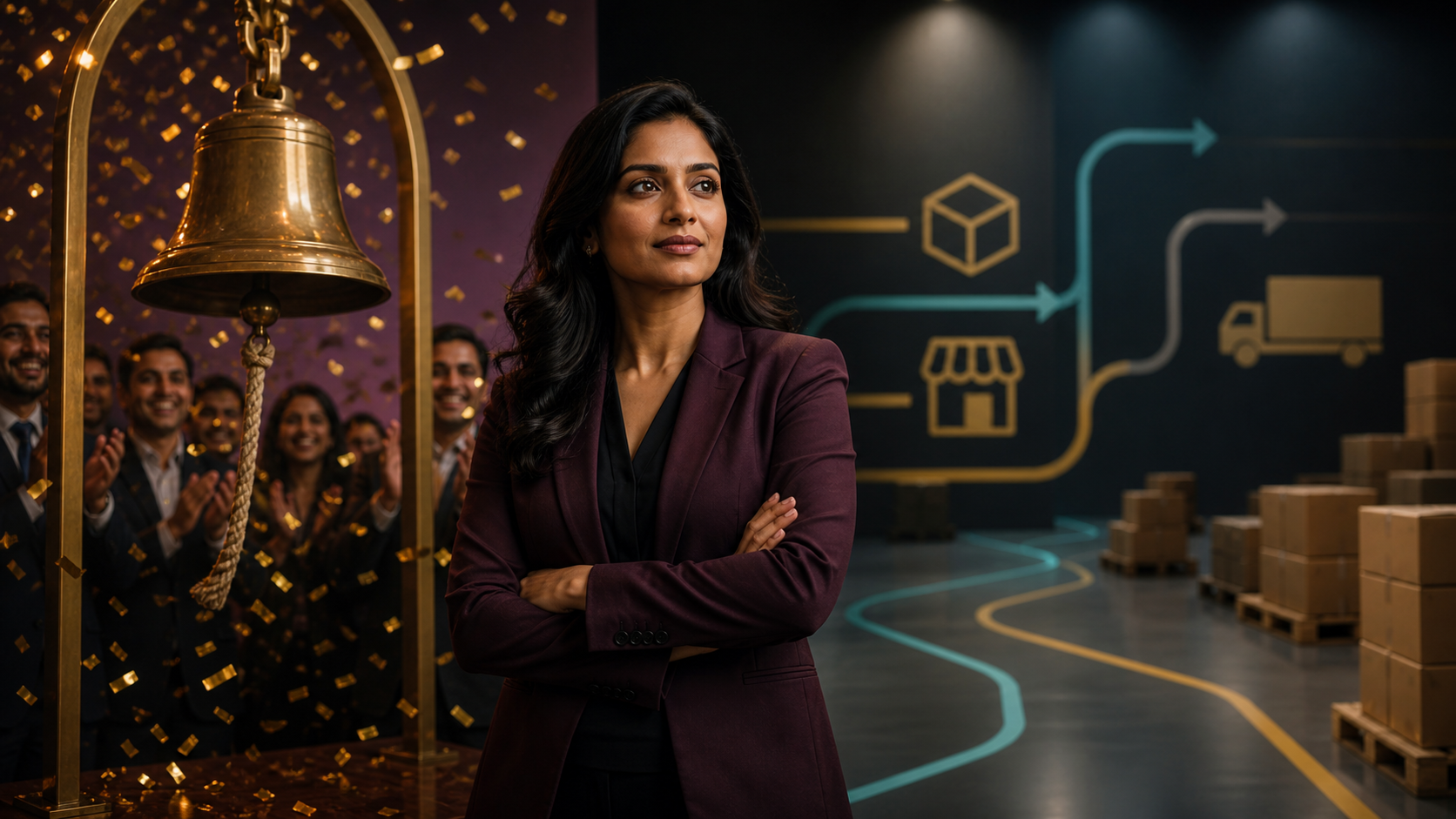 Falguni Nayar standing between Nykaa's celebrated stock-market debut and the demanding dashboards of public-company execution
