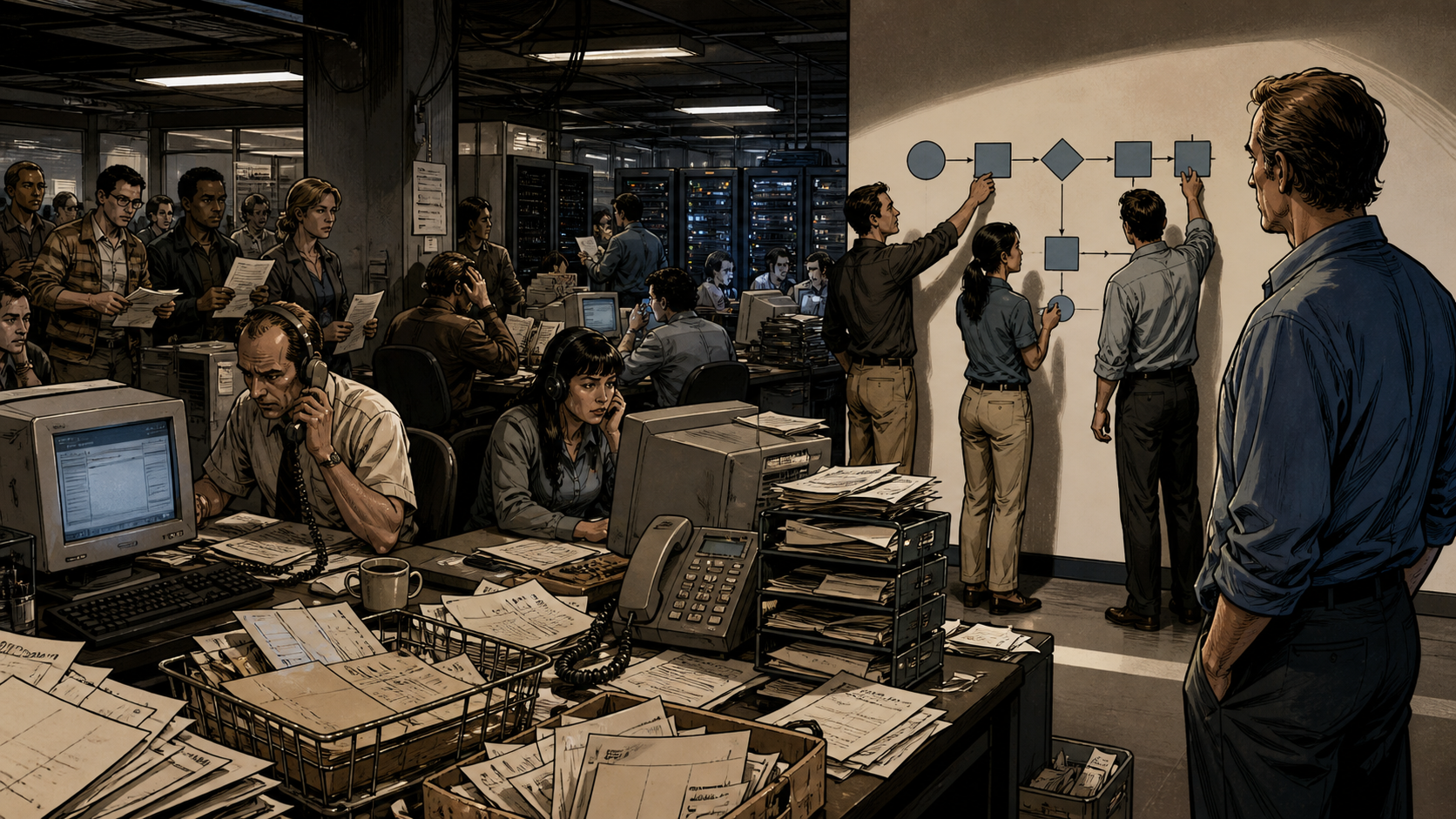 Fred Luddy studies a chaotic enterprise help desk filled with paper tickets, spreadsheets, and disconnected systems