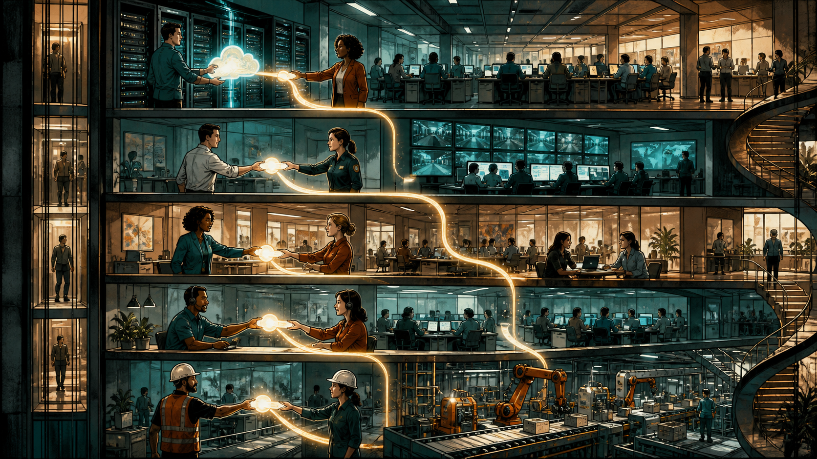 A clean cloud workflow platform expands from an IT ticket into connected approvals across security, HR, and customer operations