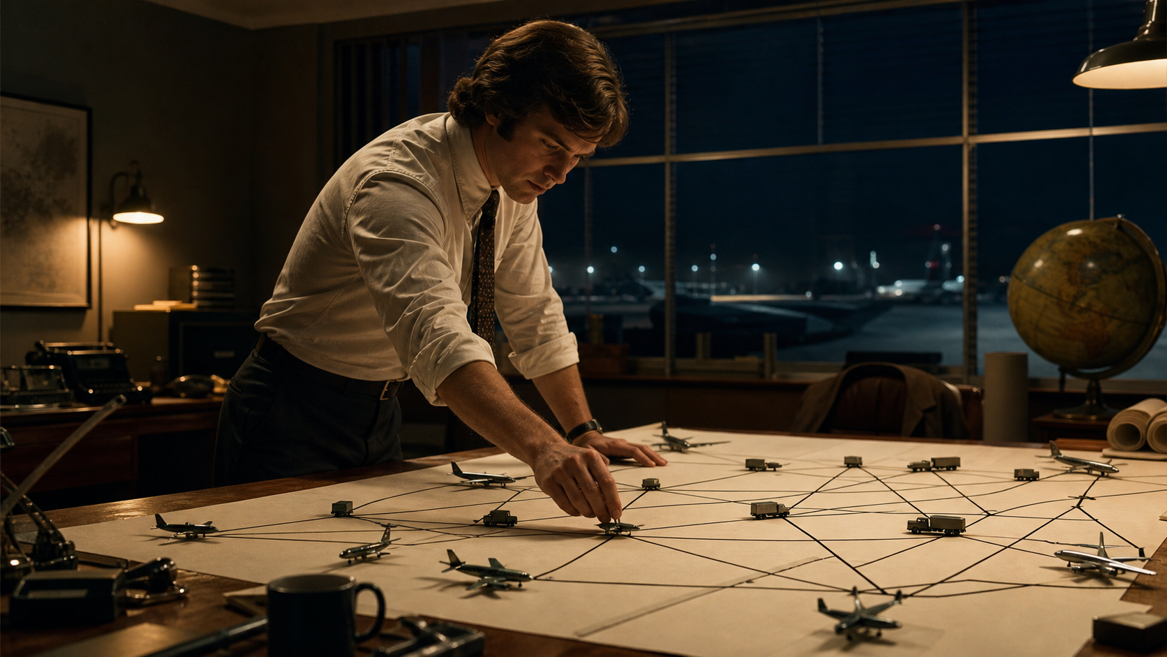 Young Fred Smith mapping an integrated air-and-ground overnight delivery network across the United States