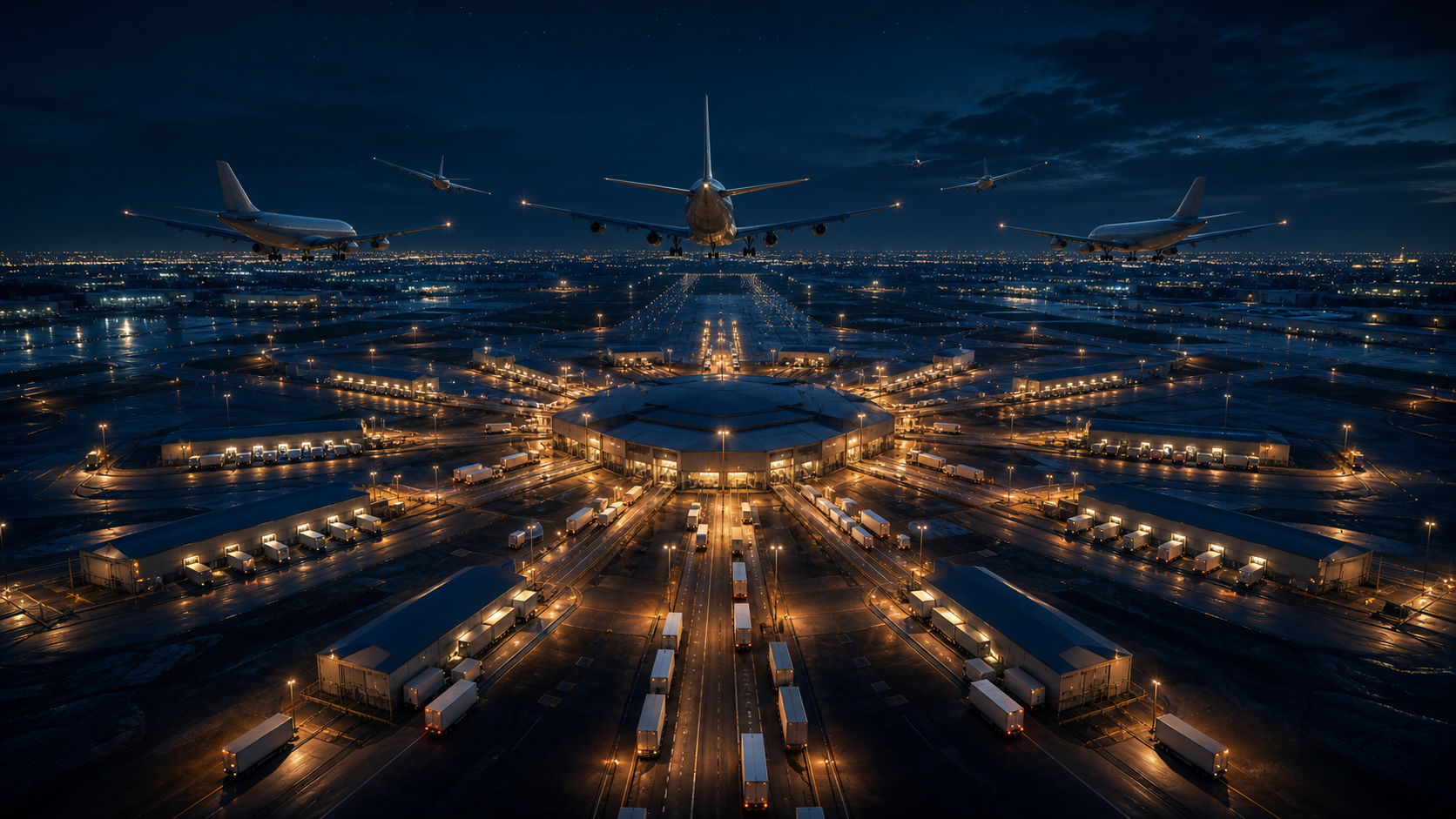 FedEx aircraft converging on the Memphis SuperHub at midnight as packages flow through a synchronized sort