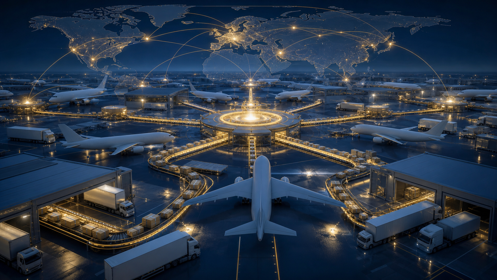 Fred Smith's original overnight promise represented as a precisely synchronized global logistics network