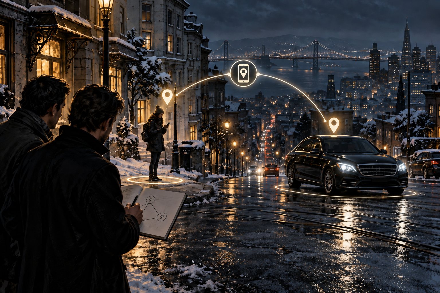 Two founders connect a rider and a generic black car through a simple location network on a snowy city night