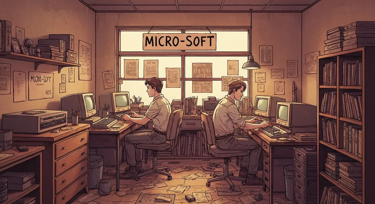 A small office in Albuquerque with desks, early computers, and young programmers working late at night