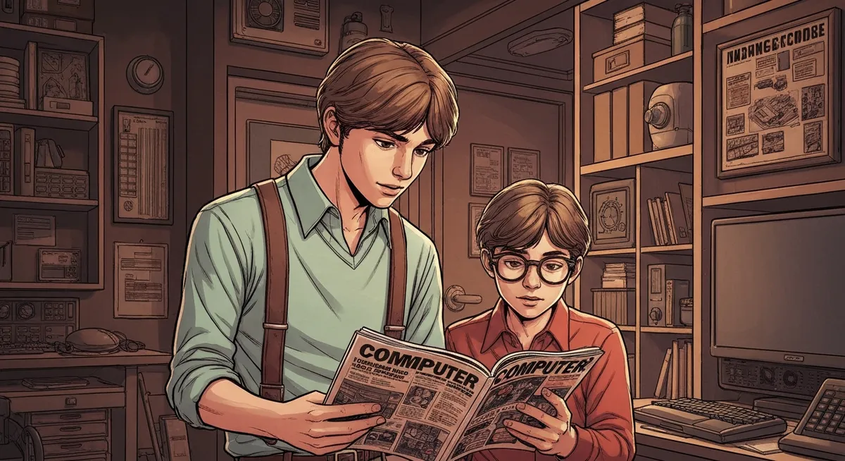 Two teenage boys huddled over a computer printout in a dimly lit school computer room