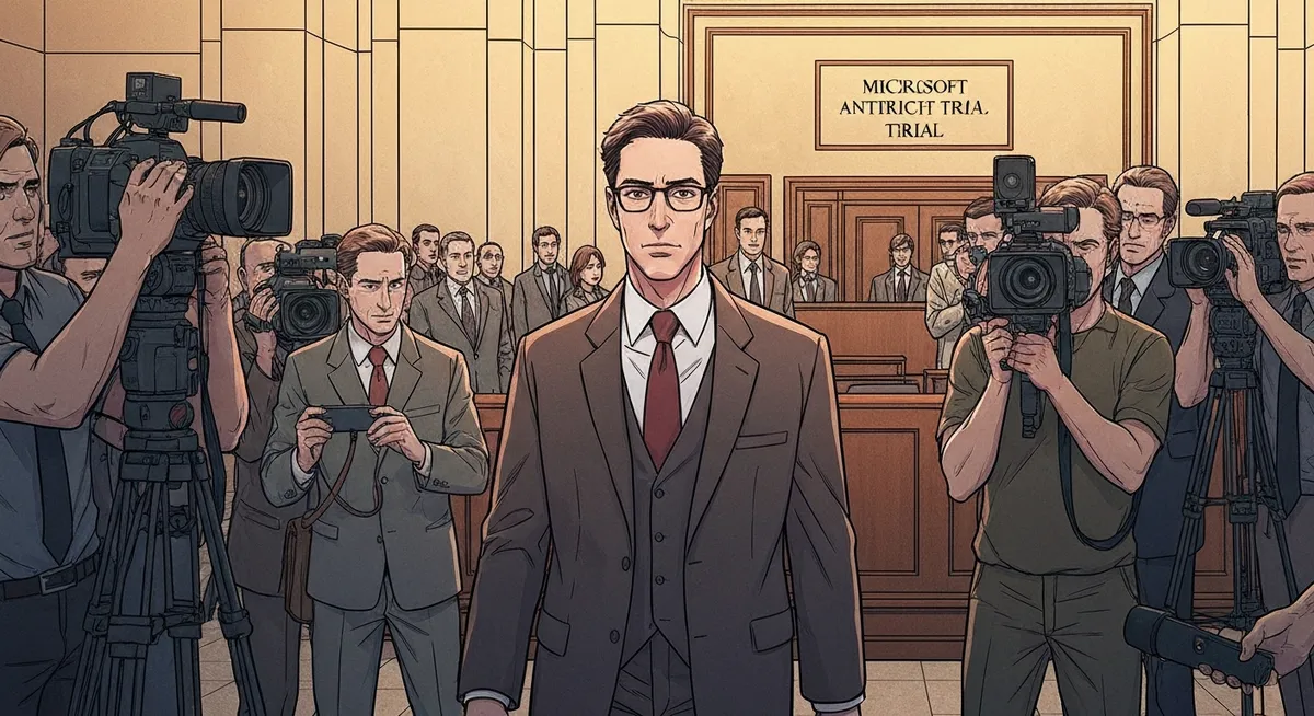 A federal courthouse with Microsoft's logo reflected in its glass doors — the antitrust reckoning